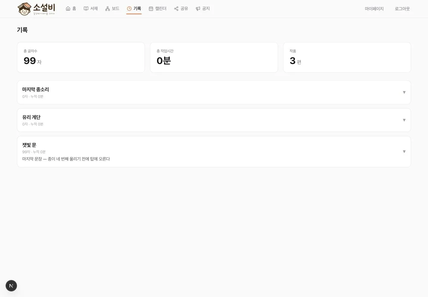 총 글자 수, 총 작업 시간, 작품 수와 작품별 기록 카드가 표시된 기록 화면